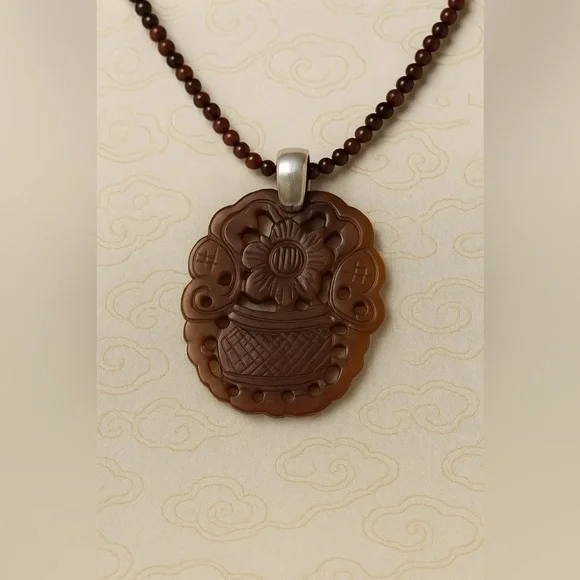 Carved Chinese Jade Pendant Necklace | Sterling Silver | Prosperity Symbol - Picture 2 of 14